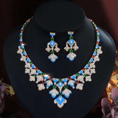 Women Ethnic Gold Plated Multicolor Zircon Enamel Wedding Chandelier Jewelry Set