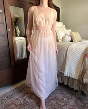 Vintage 50s or 60s Peach Nightgown, Floral Lace Appliques, Sheer Nylon, Pastel