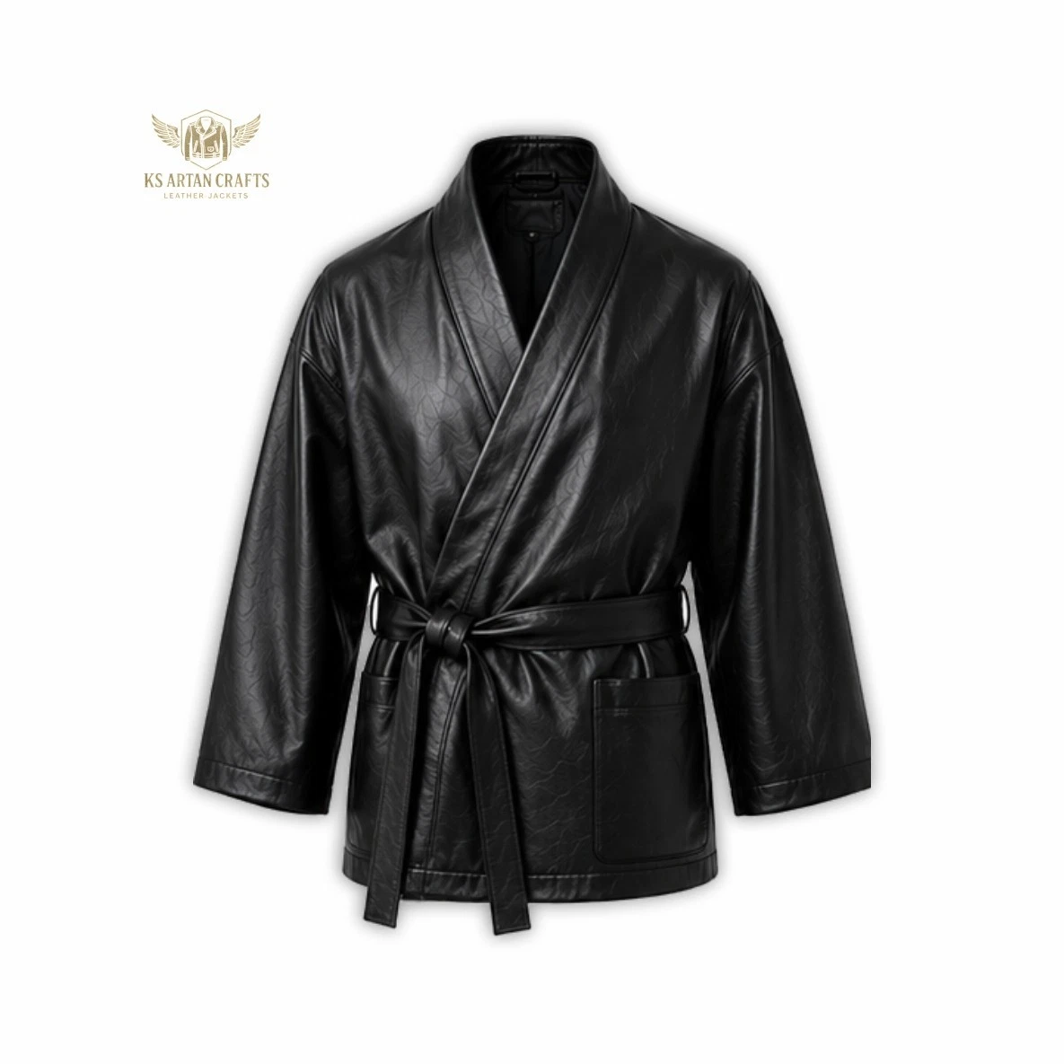 Leather Kimono Jacket Belted Wrap Coat Robe Style Jacket Long Sleeve Outerwear - product detail image 1