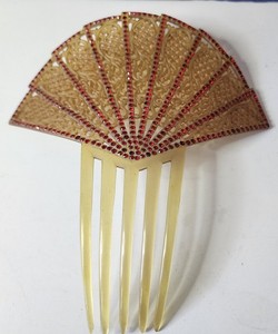 Antique Celluloid Fan Hair Comb Red Rhinestone Art Nouveau Pierced Mantilla Larg