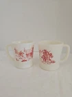 2 Vtg Original Davy Crockett Milk Glass Mug Fire King Oven Red 1950s