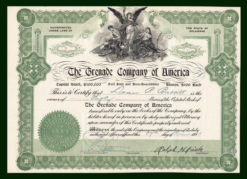 1915 WW1 Grenade Company of America Stock Certificate #7 U S Military Collectors