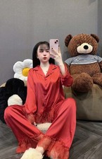 Red Silk Pajama with lace set - size up 180 lbs