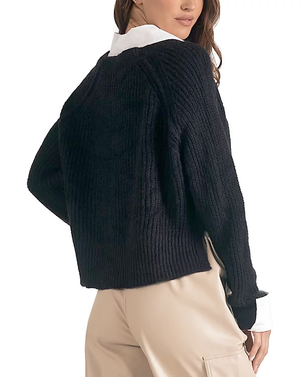 NWT ELAN Kasha Layered Collared V-Neck Cropped Sweater Shirt Black White Size S