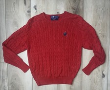 Vintage Ralph Lauren Mens Sweater Cable Knit Golf Crest Logo Cotton Red Size M