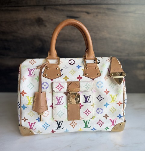 Authentic Louis Vuitton Takashi Murakami White Multicolor Speedy 30 Handbag