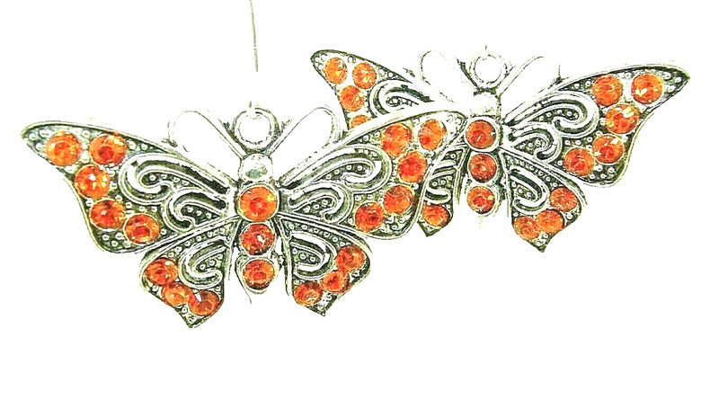 New Beautiful BUTTERFLY w/Orange Crystals Silver-tone Dangle Earrings 1-5/8"Long