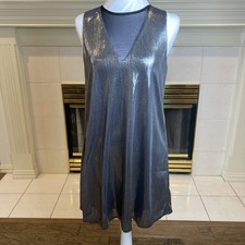 Silver Metallic Midi Dress Sleeveless Double V-Neck Shimmer Party Glam Rock Sz S
