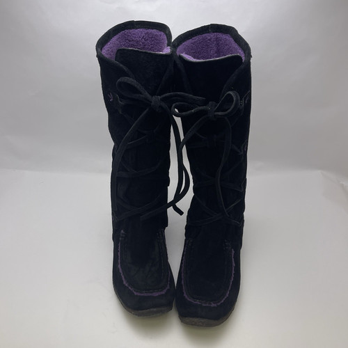 Hush Puppies Women's Black Leather Knee High Purple Lace Up Detail Snow Boots 6M