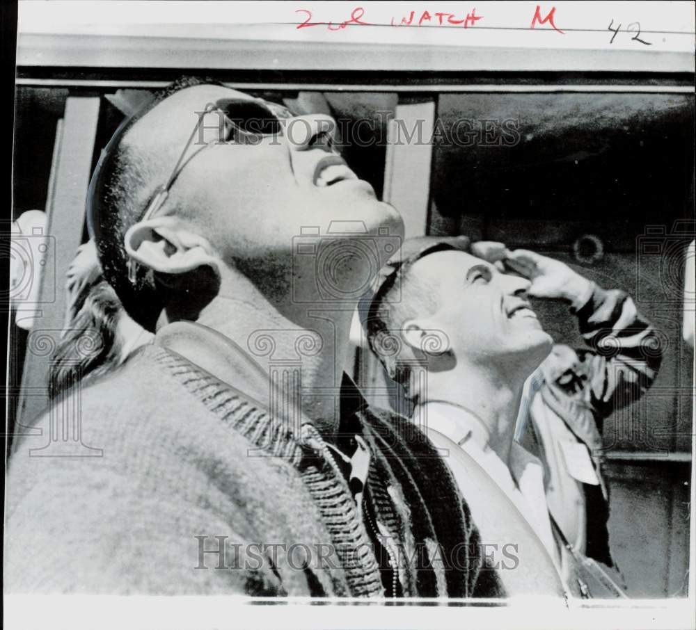 1966 Press Photo Astronauts Gordon Cooper and Donn Eisele watch Saturn launch