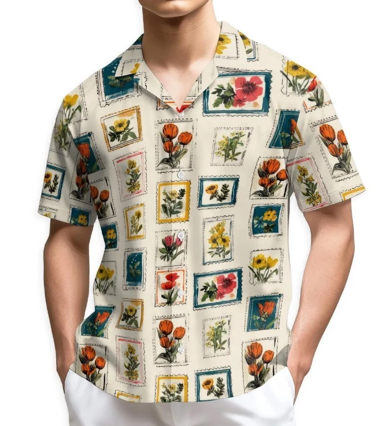 Floral Stamp Hawaiian Shirt, Nature-Inspired Aloha Shirt, Tropical Floral Button