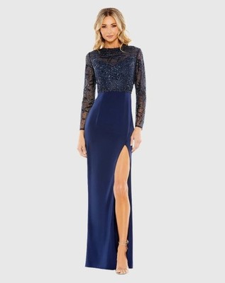 NWT Mac Duggal Size 10 Evening Gown Navy Embellished Thigh High Faux Wrap Formal