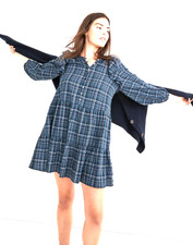 Madewell Womens Blue Plaid Long Sleeve Tiered Gauze Ruffle Trimmed Mini Dress M