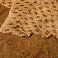 Sanskriti Vintage Sarees Beige Pure Silk Floral Print 5 Yd Recycled Fabric Sari