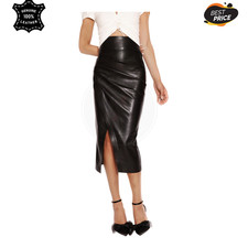 Women Black Leather Pencil Skirt High Waist Midi Bodycon Slit Office Party Skirt