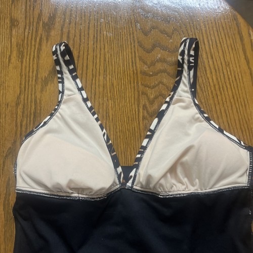 Merona Women's One Piece Swimsuit Bathing Suit v neck black brown white size L - Picture 8 of 10