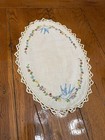 2 pc Oval Linen Lace Doilies, Embroidered Floral Border with Blue Birds, Beige — photo 3