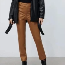NWT Zara Faux Leather Mom Fit Pants Tan High Waist Straight Leg Size 4