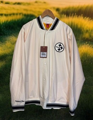 Mitchell & Ness Jacket Men L Ivory Pittsburgh Steelers Windbreaker Logo NFL - Picture 1 of 10