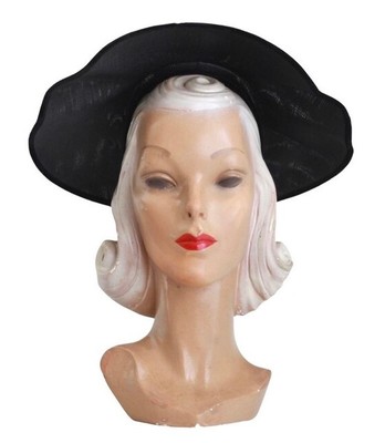 1950s Black CARTWHEEL Platter Hat VINTAGE Dish Hat Womens MID CENTURY Halo Hat