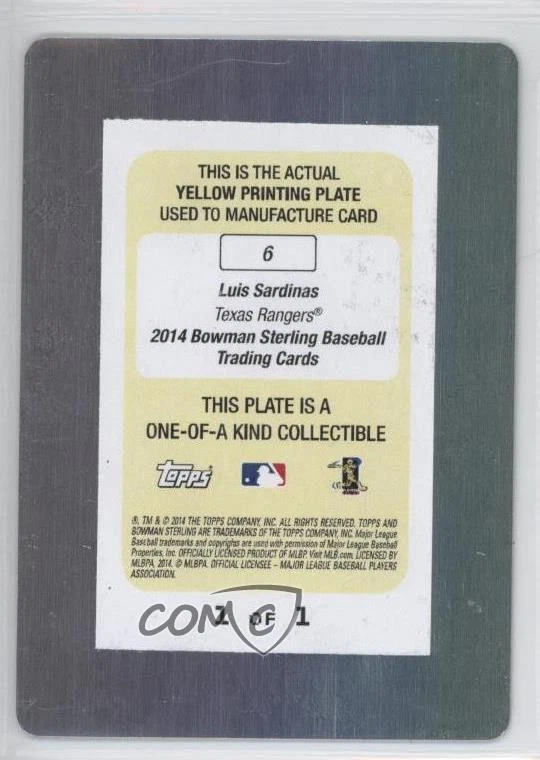 2014 Bowman Sterling Printing Plate Yellow 1/1 Luis Sardinas #6 Rookie RC 2u3 - Image 2 of 3