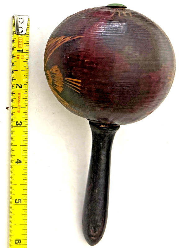 Vintage Hand‑Carved Gourd Maracas – Folk Art Painted Tropical Scene, One Missing