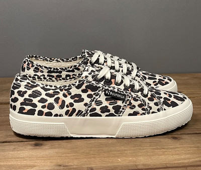 Superga Women's 2750 Sneaker Size 8.5 Light Beige Black White Leopard Print