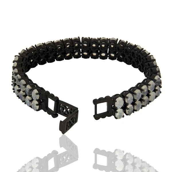 Pulsera Tenis Plata 925 Negra Rodio Piedra Lunar Natural Hecha a Mano Joyería Foto 3 de 3
