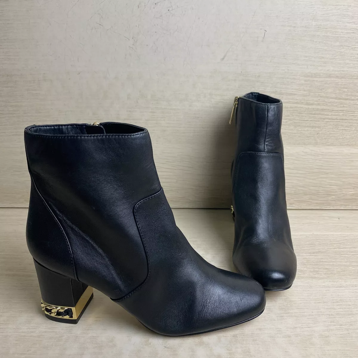 Karl Lagerfeld SONIA Black Leather Side Zip Up Block Heel Ankle Boots Size 6M