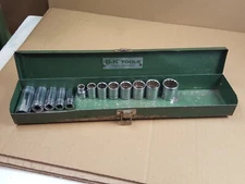 Vintage S-K Tools Lot Metal Box and 13 Pc. 3/8" Drive 6 and 12 Point SAE Sockets