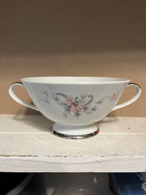 ARLEN Fine China 2-handle bowl La Fleur 1482. Pink Flowers Gray Leaves