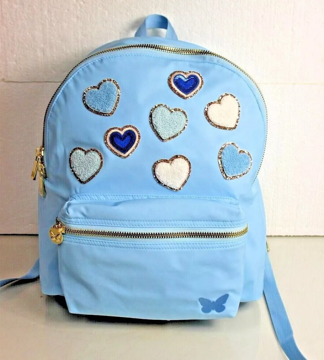 $303 NEW STONEY CLOVER LANE Classic Nylon Backpack Blue 8 GLITTER PATCHES  HEARTS