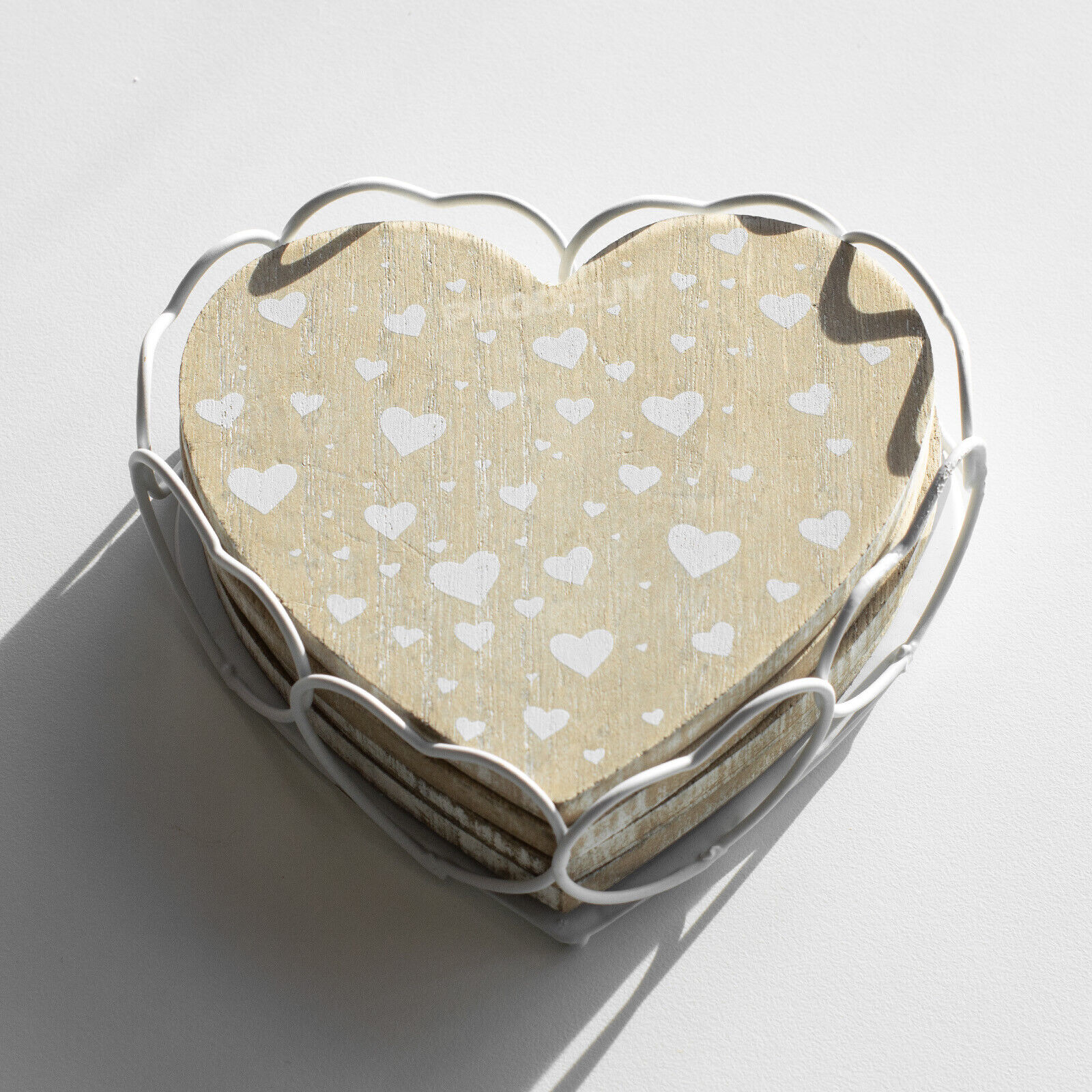 Set of 4 Heart Shape Wooden Drinks Coasters with Holder Coffee Mug...