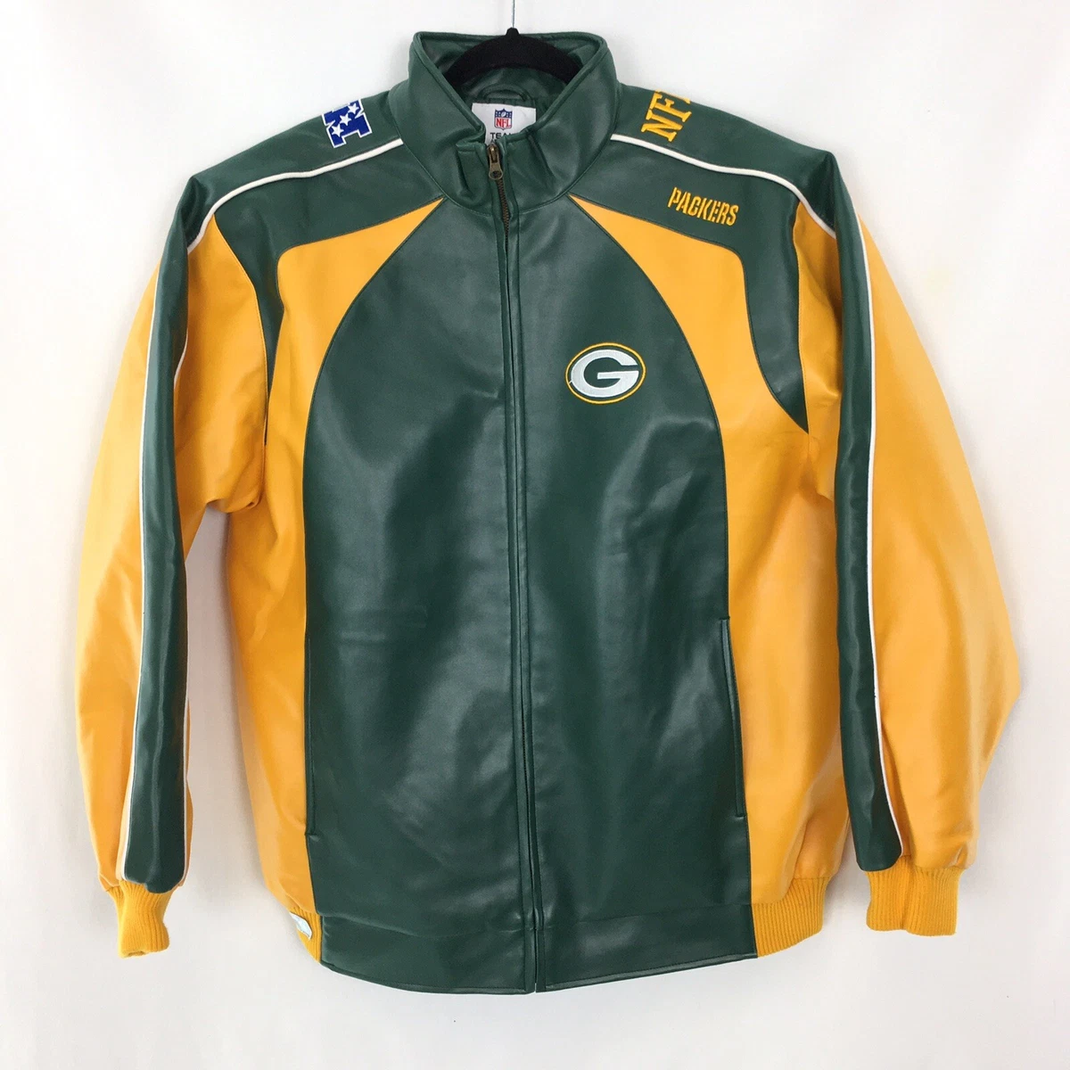 Green Bay Packers Faux Leather Jacket Large Green Yellow Colorblock Embroidered