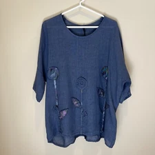 Luigi Moda Womens Tunic Top Size L Blue 100% Linen Lagenlook Artsy Flowers Boho