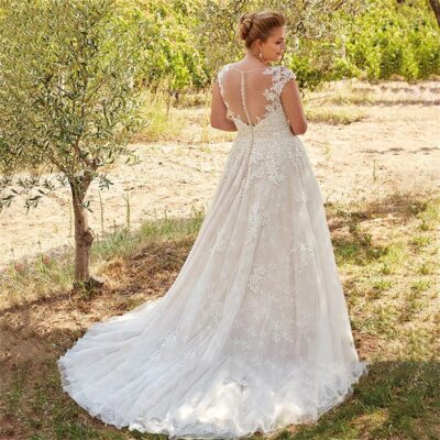 Plus Size Wedding Dresses Lace Appliqued Scoop Neck Illusion Back Elegant  Gowns | eBay