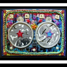 Scrabble Tile Assemblage, Free Birds!! Abstract Art Mixed Media Collage Painting
