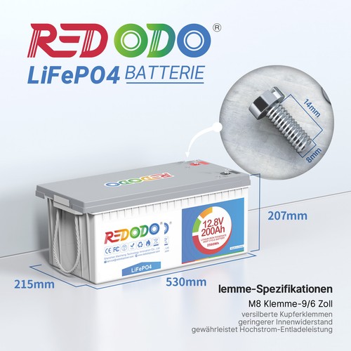 Redodo 12V 200Ah LiFePO4 Akku Lithium-Eisenphosphat-Batterie für Solar Wohnmobil - Afbeelding 2 van 7