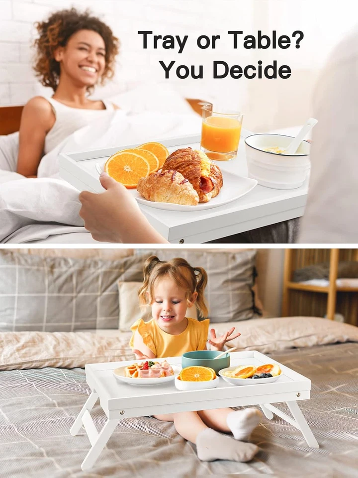 White Bamboo Bed Tray for Breakfast, Snack Table with Folding Legs, Multipurpose - Image 4 of 4