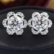 2Ct White Diamond Solitaire Floral Studs-Great Shine  Bling-VIDEO