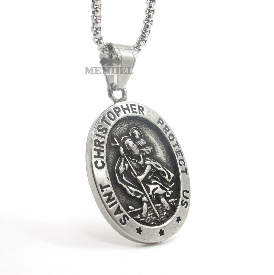 MENDEL Mens St Saint Christopher Medal Pendant Necklace Stainless Steel ...