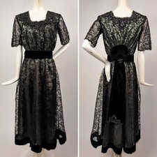 EDWARDIAN BLACK CHANTILLY LACE PARTY DRESS W SEQUINS  JET BEADS