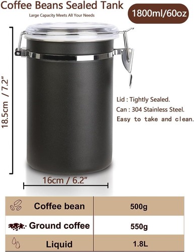 Barattolo caffè contenitore ermetico 1,8 L/62 oz acciaio inox barattolo caffè - Foto 15 di 20