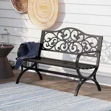 50‘’Outdoor Garden Bench Patio Park Bench Cast Iron Steel Frame Black Heavy Duty