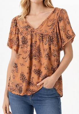 DR2 Peach Paisley Pom Pom V-Neck Blouse, Medium - 0371