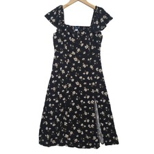 Old Navy Black Floral Smocked Square Neck Midi Dress Flutter Sleeve Size M Boho