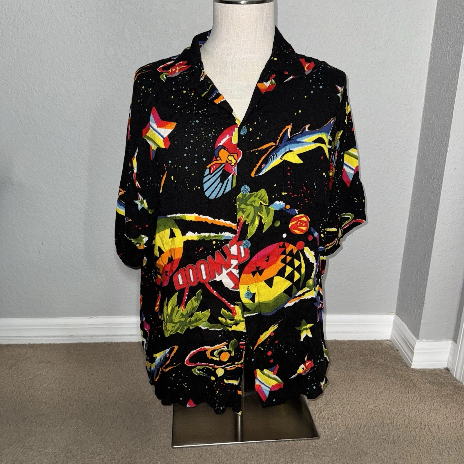 Vintage Planet Hollywood Mens Large All Over Print Black Button Down 90s Shirt