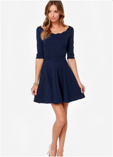 Lulus Scallop Dress Womens M Navy Blue Half Sleeve Stretch Side Zip Elegant Chic