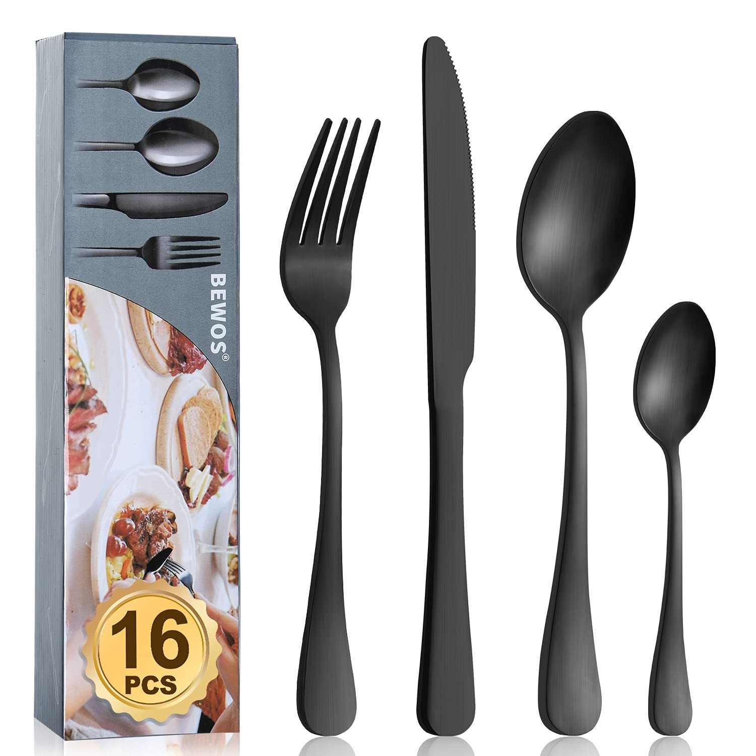 Cutlery Set, BEWOS 16 Piece Matt Black Stainless Steel Flatware Set, Silverware