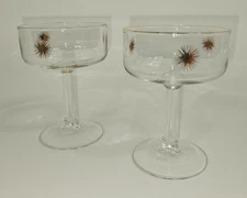 Vintage Gold Atomic Starburst Square Champagne Cocktail Coupe Glass Pair 4.5"
